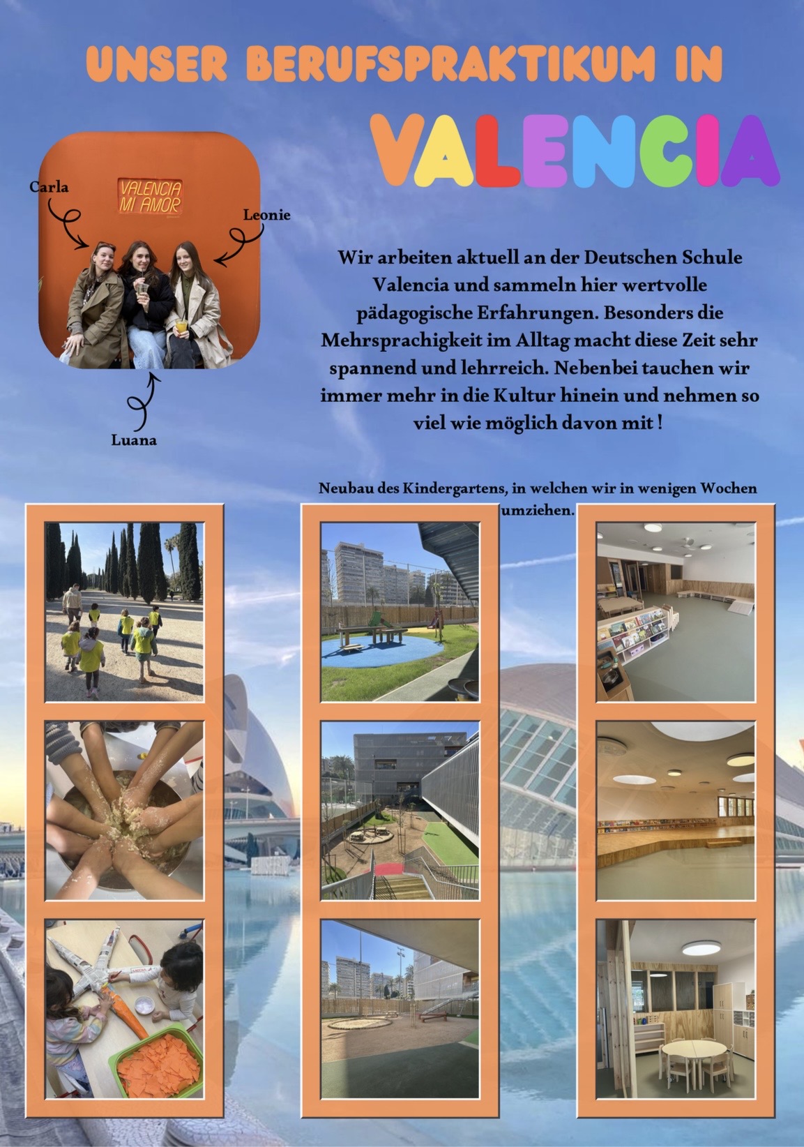 Bunt gestaltetes Poster mit dem Titel „Unser Berufspraktikum in Valencia“. Oben links ein Foto von drei jungen Frauen (Carla, Leonie und Luana), die vor einer orangefarbenen Wand mit der Aufschrift „Valencia mi amor“ sitzen. Daneben steht ein Text auf Deutsch, der beschreibt, dass sie aktuell an der Deutschen Schule Valencia arbeiten, pädagogische Erfahrungen sammeln und besonders die Mehrsprachigkeit sowie die Kultur vor Ort erleben. Im unteren Bereich sind mehrere eingerahmte Fotos zu sehen: Kinder beim Spaziergang im Freien, gemeinsames Arbeiten mit Teig, Bastelaktivitäten sowie Bilder eines modernen Kindergarten-Neubaus mit Außenbereich, Spielplatz und Innenräumen. Im Hintergrund ist eine stilisierte Ansicht von Valencia mit moderner Architektur und Wasserflächen zu erkennen.